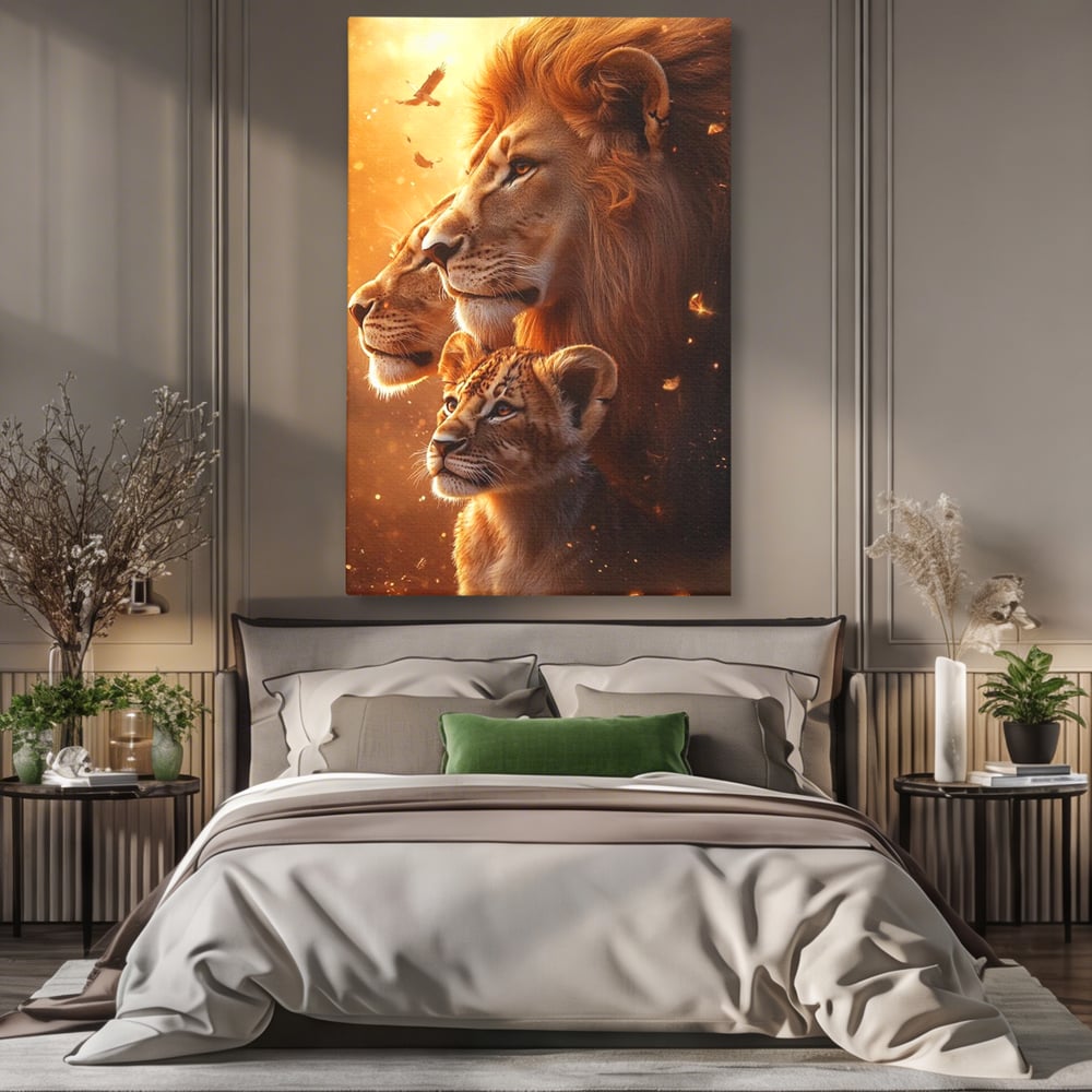Tablou canvas cu tablou canvas cu lei in amurg, fara rama, pe sasiu de lemn, pe perete intr-un dormitor